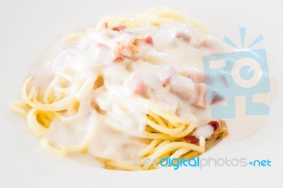 Closeup Dish Of Spaghetti Carbonara Stock Photo