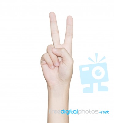 Closeup Hand Gesture Victory Isolated White Clipping Path Inside… Stock Photo