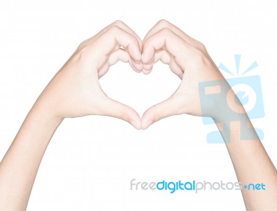 Closeup Hand Heart Love Symbol Isolated White Clipping Path Stock Photo