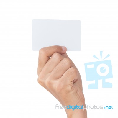 Closeup Hand Hold Blank Card Isolated With Clipping Path Stock Photo