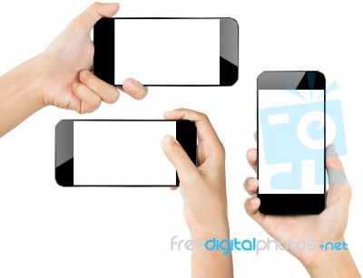 Closeup Hand Hold Smartphone Isolated White Stock Photo