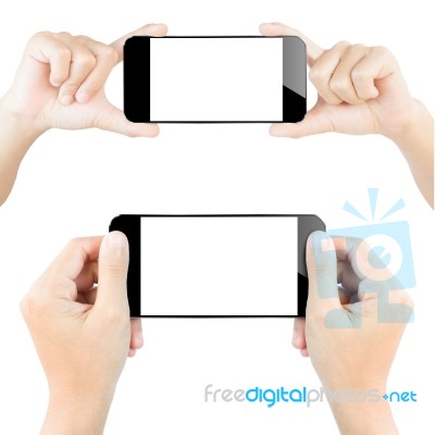 Closeup Hand Hold Smartphone White Isolated Stock Photo