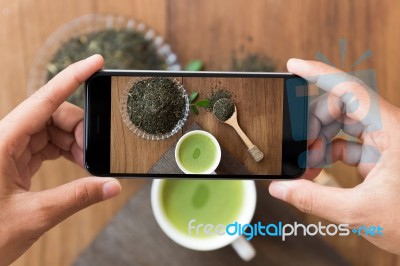 Closeup Hand Holding Phone Shooting Drink Photograph Stock Photo