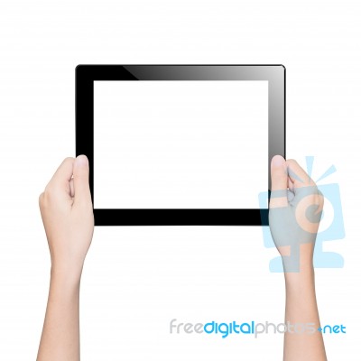 Closeup Hand Holding Tablet Isolated White Clipping Path Inside Stock Photo