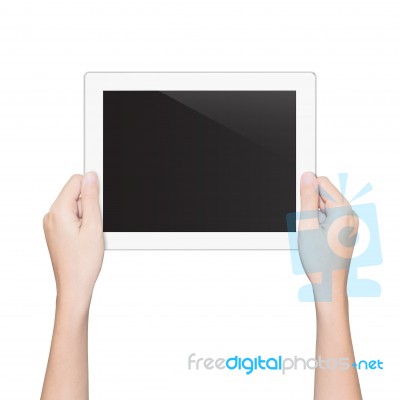 Closeup Hand Holding Tablet Isolated White Clipping Path Inside Stock Photo