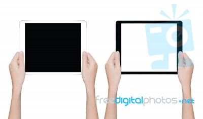 Closeup Hand Holding Tablet Isolated White Clipping Path Inside Stock Photo