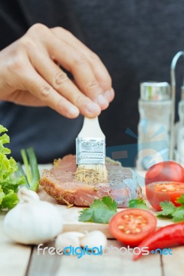 Closeup Hand Marinated Pork Prepare Food Stock Photo