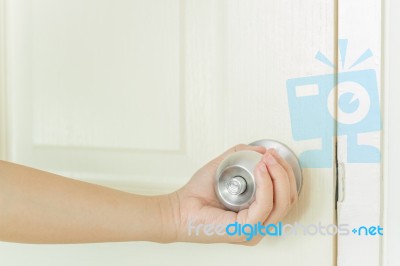 Closeup Hand Open Door Stock Photo