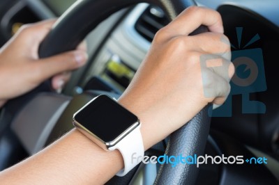 Closeup Hand Wear Hand Watch Diving Car Stock Photo