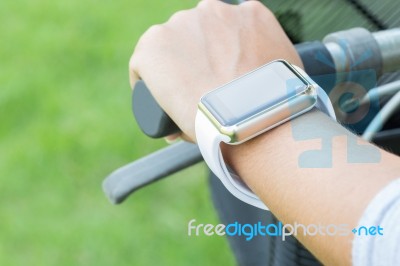 Closeup Hand Wear Smart Watch Riding Bicycle Exercise Sport Stock Photo