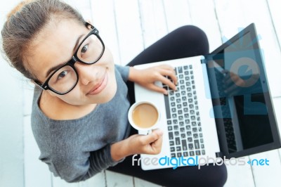 Closeup Lifestyle Women Using Laptop Computer Stock Photo