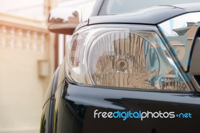 Closeup Of Car Headlight Lamp Stock Photo