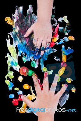 Closeup Of Little Children Hands Doing Finger Painting Stock Photo