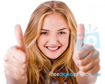 Closeup Of Women Showing Thumbs Up In Both Hands Stock Photo