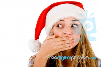 Closeup Of Young Women Covering Her Mouth With Both Hands Stock Photo