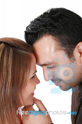 Closeup Portrait Of Smiling Young Couple In Love Stock Photo