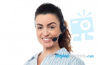 Closeup Smiling Portrait Of A Call Centre Executive Stock Photo