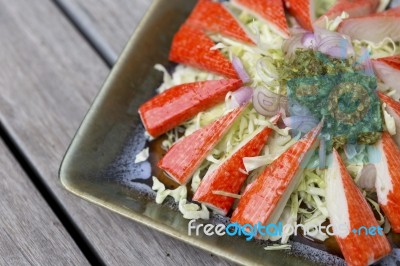 Closeup Spicy Crab Stick Salad With Fresh Cabbage Stock Photo