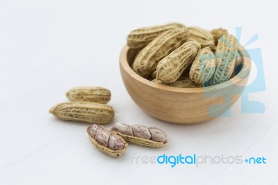 Closeup Steamed Peanut In Wooden Bowl Stock Photo