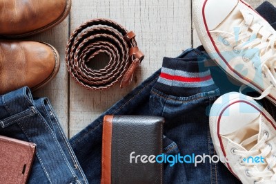 Clothes And Accessories On Wooden Stock Photo