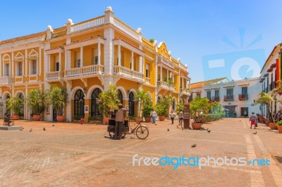 Cobble Stone Plaza De San Pedro Claver In Cartagena, Colombia Stock Photo