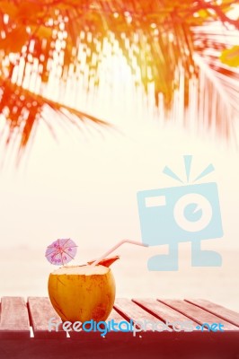 Coconut Water Drink Served In Coconut With Drinking Straw On The… Stock Photo