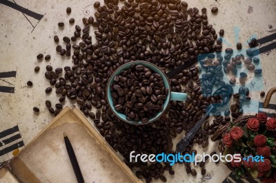 Coffee And Books On Clock Stock Photo