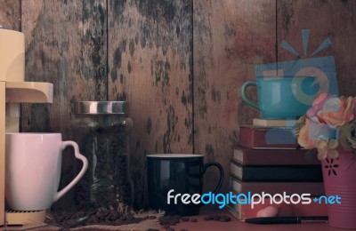 Coffee And Books On Table Stock Photo