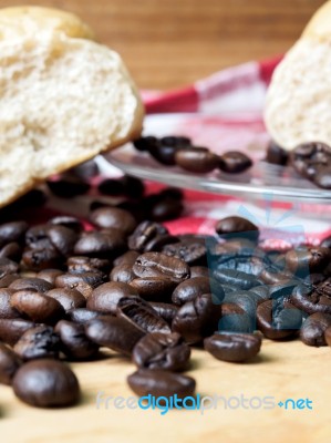 Coffee And Bread Wooden Background Stock Photo