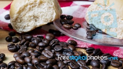 Coffee And Bread Wooden Background Stock Photo