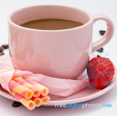 Coffee And Strawberry Represents Delicious Cracker And Biscuits Stock Photo