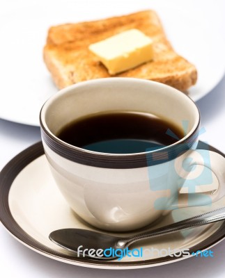 Coffee And Toast Shows Meal Time And Black Stock Photo