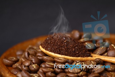 Coffee Beans And Ground Coffee Stock Photo