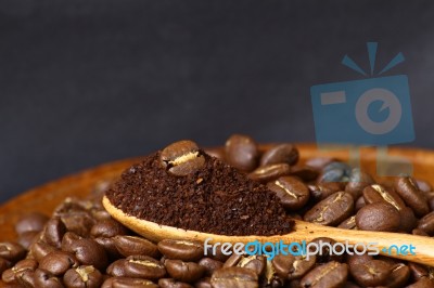 Coffee Beans And Ground Coffee Stock Photo