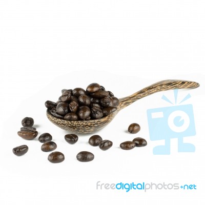 Coffee Beans In Olive Wood Spoon Stock Photo