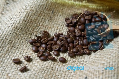 Coffee Beans In Wooden Spoon On Sackcloth Stock Photo