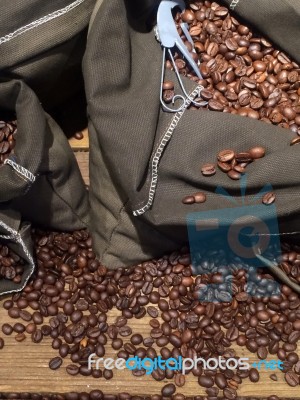 Coffee Beans On Bags Stock Photo