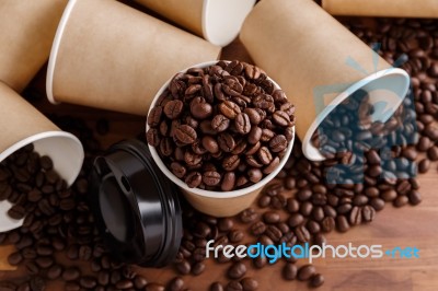 Coffee Beans With Paper Cups Stock Photo