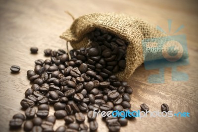 Coffee Beans With Sack Stock Photo