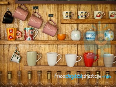 Coffee Cup On Wood Shelf Stock Photo