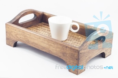 Coffee Cup On Wooden Tray Isolated On White Background Stock Photo