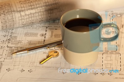 Coffee Cup On Working Table Stock Photo