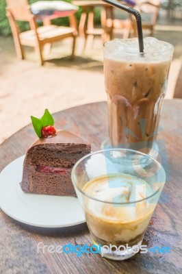 Coffee Drinks And Black Forest Cake Stock Photo