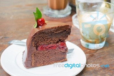 Coffee Drinks And Black Forest Cake Stock Photo