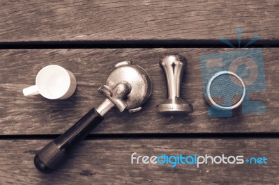 Coffee Equipment On Wooden Floor Stock Photo