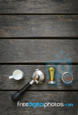 Coffee Equipment With Space On Wood Background Stock Photo