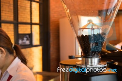 Coffee Grinder, Coffee Beans In Cafe Stock Photo