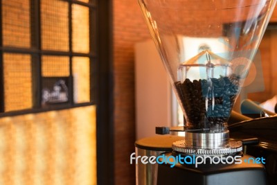 Coffee Grinder, Coffee Beans In Cafe Stock Photo