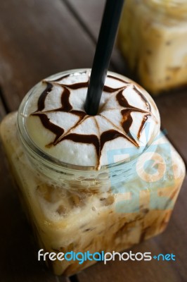 Coffee, Iced Coffee Mocha On Table Wood In Cafe Stock Photo