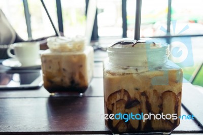 Coffee, Iced Coffee On Table Wood Background In Cafe Stock Photo